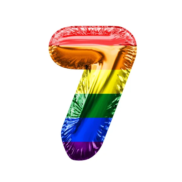 Numero 7 gay pride flag lucido foil palloncino font. Rendering 3D — Foto Stock