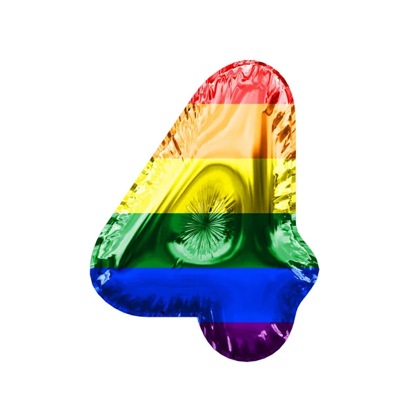 Número 4 gay orgulho bandeira brilhante folha balão. Renderização 3D — Fotografia de Stock