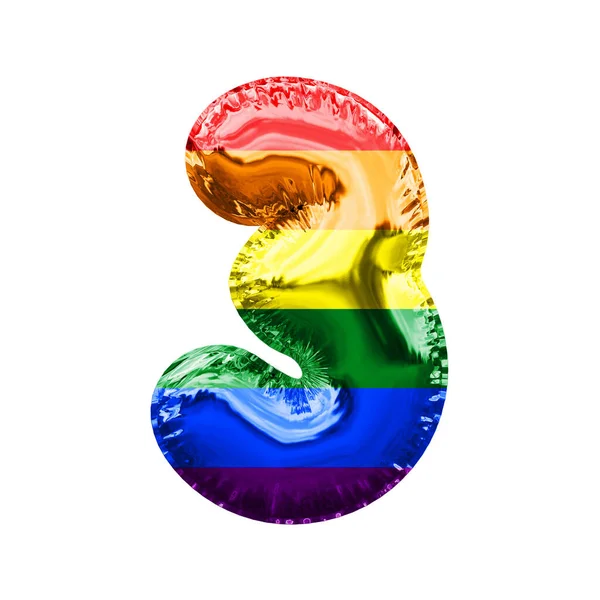 Número 3 gay orgulho bandeira brilhante folha balão. Renderização 3D — Fotografia de Stock