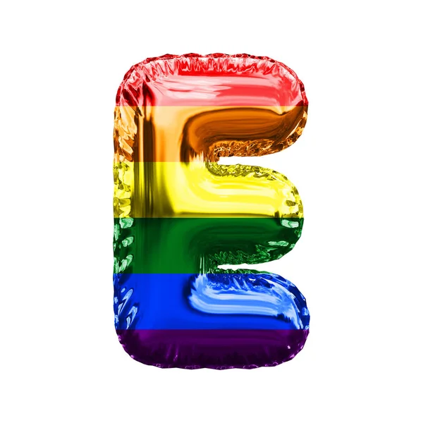 Письмо E гей гордость флаг блестящая фольга воздушный шар шрифт. 3D рендеринг — стоковое фото