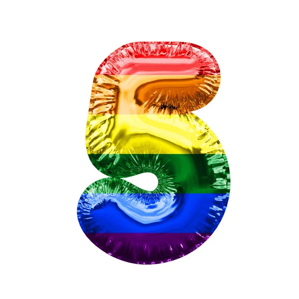 Número 5 gay orgulho bandeira brilhante folha balão. Renderização 3D — Fotografia de Stock