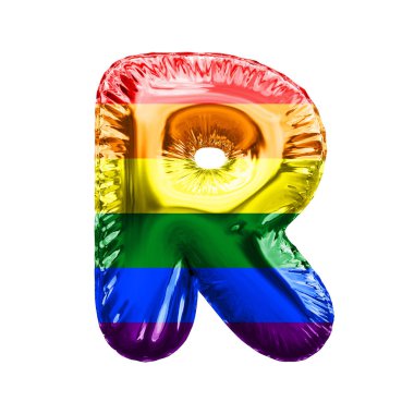 R harfi gay gurur bayrağı parlak folyo balon yazı tipi. 3B Hazırlama