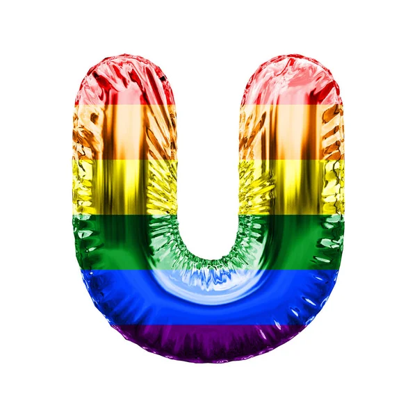 Letter U gay pride flag shiny foil balloon font. 3D Rendering — Stock Photo, Image