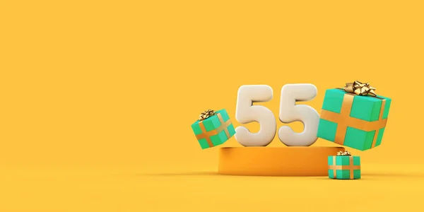 Feliz 55 cumpleaños y regalos en un podio amarillo. Renderizado 3D —  Fotos de Stock