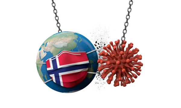 Coronavirus smashing into the world wearing a Norway face mask. 3D Render — Stock Photo, Image