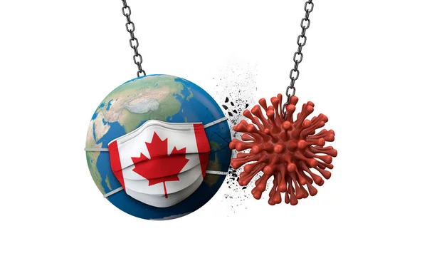 Coronavirus smashing into the world wearing a Canada face mask. 3D Render — Stock Photo, Image