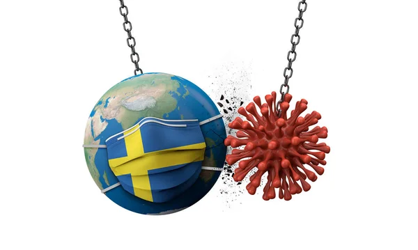 Coronavirus che si schianta nel mondo indossando una maschera svedese. Render 3D — Foto Stock