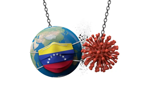 Coronavirus aplastando al mundo usando una máscara facial de Venezuela. Renderizado 3D —  Fotos de Stock