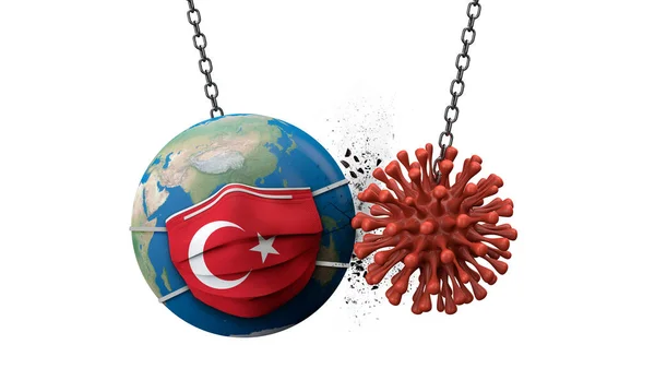 Coronavirus menghancurkan ke dunia mengenakan masker wajah Turki. Perender 3D — Stok Foto