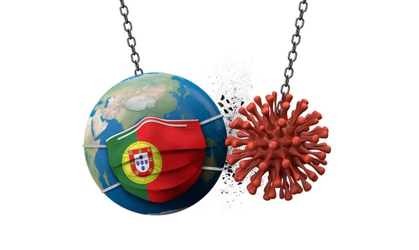 Coronavírus a esmagar o mundo com uma máscara facial de Portugal. Renderização 3D — Fotografia de Stock