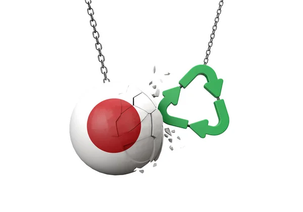 Grön återvinningssymbol kraschar in i en Japan flagga boll. 3D-återgivning — Stockfoto