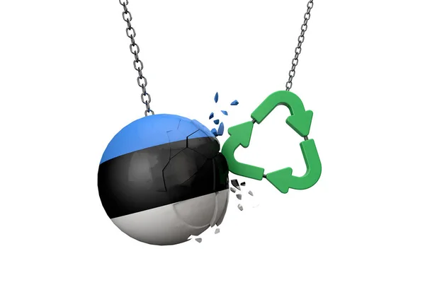 Grön återvinningssymbol kraschar in i en Estonia flagga boll. 3D-återgivning — Stockfoto