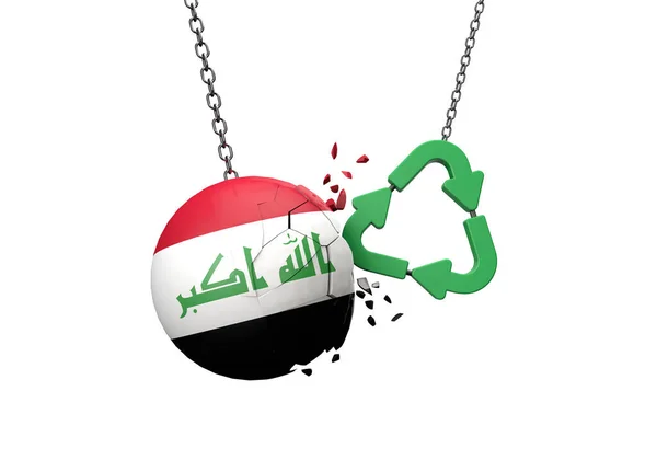 Il simbolo verde del riciclo si schianta contro una palla di bandiera iraniana. Rendering 3D — Foto Stock