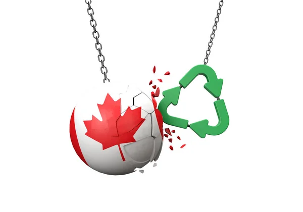 Πράσινο σύμβολο ανακύκλωσης συντρίβεται σε μια μπάλα σημαία του Καναδά. 3D απόδοση — Φωτογραφία Αρχείου