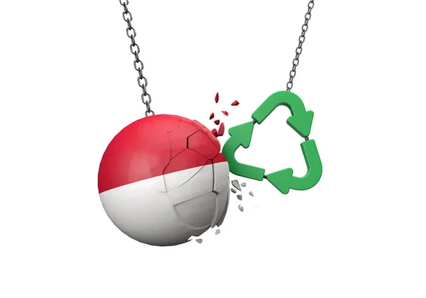 Grünes Recycling-Symbol kracht in Indonesiens Flaggenball. 3D-Rendering — Stockfoto