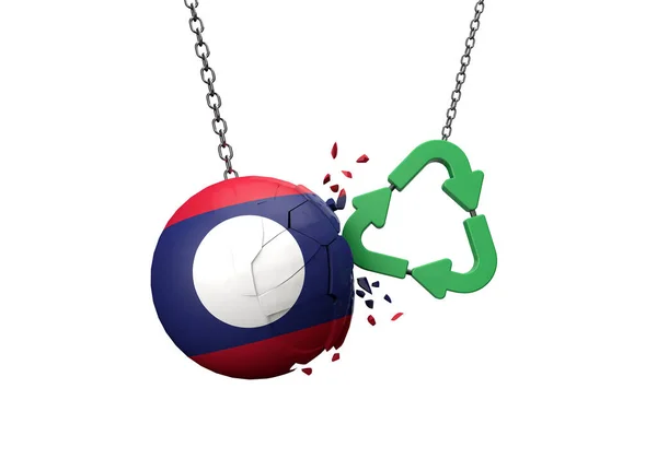 Πράσινο σύμβολο ανακύκλωσης συντρίβεται σε μια μπάλα σημαία Λάος. 3D απόδοση — Φωτογραφία Αρχείου