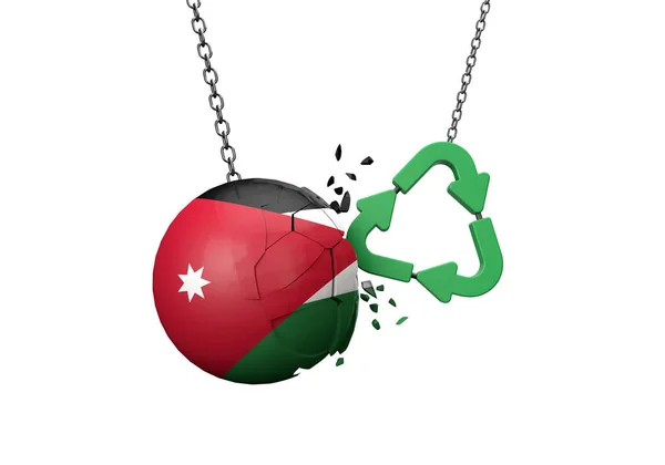 Yeşil geri dönüşüm sembolü Ürdün bayrak topuna çarpıyor. 3B Hazırlama — Stok fotoğraf
