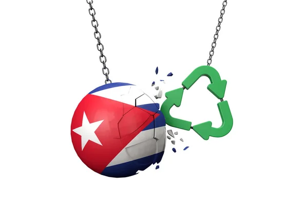 Green recycle symbol crashing into a cuba flag ball. 3D Rendering