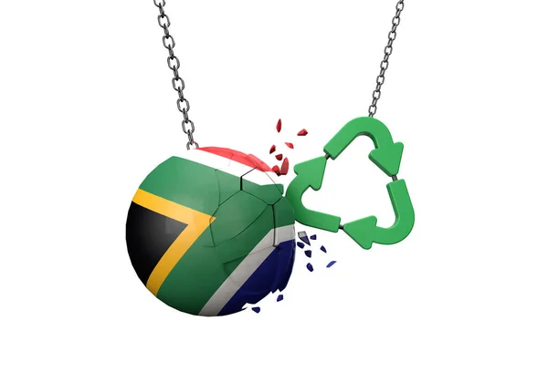 Πράσινο σύμβολο ανακύκλωσης συντρίβεται σε μια μπάλα σημαία της Νότιας Αφρικής. 3D απόδοση — Φωτογραφία Αρχείου
