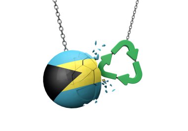 Yeşil geri dönüşüm sembolü Bahamalar 'ın bayrak topuna çarpıyor. 3B Hazırlama