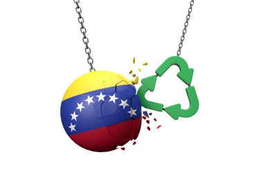 Yeşil geri dönüşüm sembolü Venezuela bayrak topuna çarpıyor. 3B Hazırlama