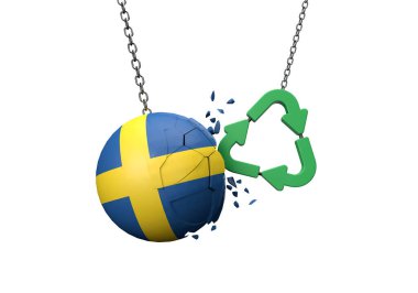 Yeşil geri dönüşüm sembolü İsveç bayrak topuna çarpıyor. 3B Hazırlama