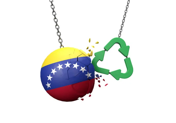 Zielony symbol recyklingu rozbija się o kulę flagową Wenezueli. Renderowanie 3D — Zdjęcie stockowe