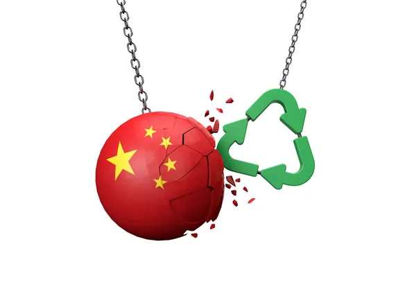 Símbolo de reciclaje verde estrellándose contra una bola de bandera de China. Renderizado 3D —  Fotos de Stock