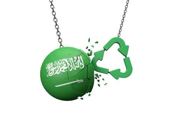 Green recycle symbol crashing into a Saudi Arabia flag ball. 3D Rendering