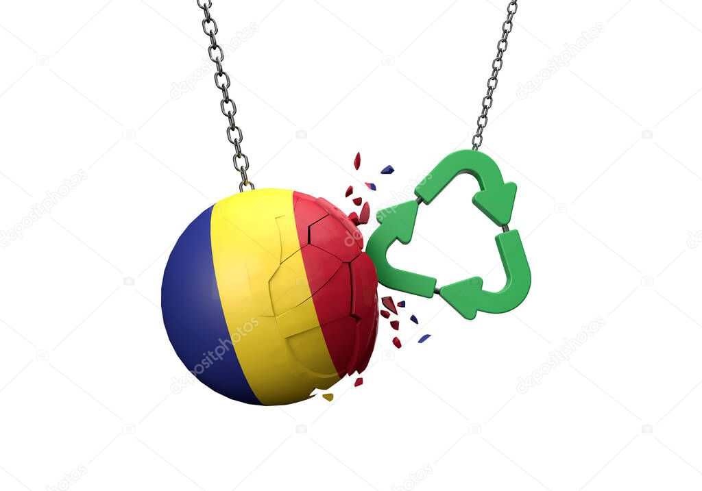Green recycle symbol crashing into a Romania flag ball. 3D Rendering