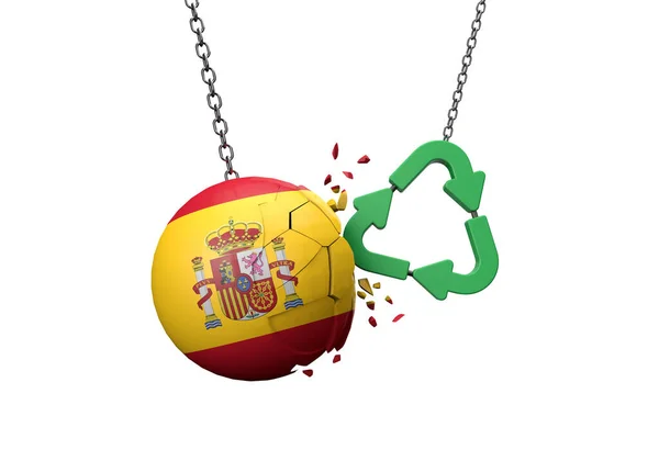 緑色のリサイクルシンボルがスペインの国旗ボールに衝突します。3Dレンダリング — ストック写真