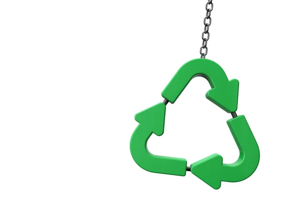 Grön återvinningssymbol hängande i en kedja. 3D-återgivning — Stockfoto