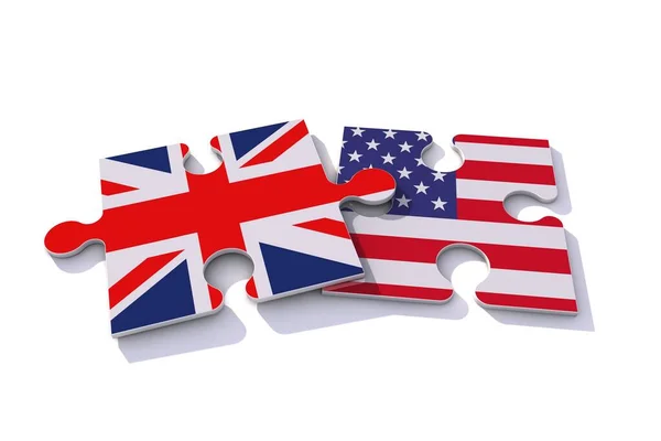 United Kingdom and USA flag puzzle pieces. 3D rendering