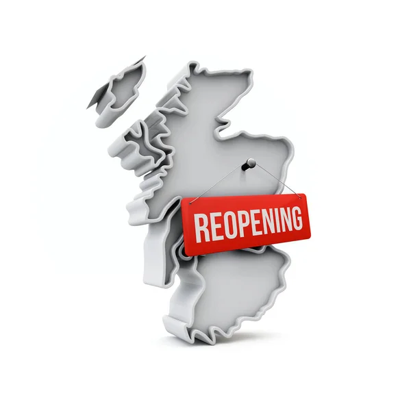 Mapa da Escócia com sinal vermelho de reabertura após quarentena. Renderização 3D — Fotografia de Stock