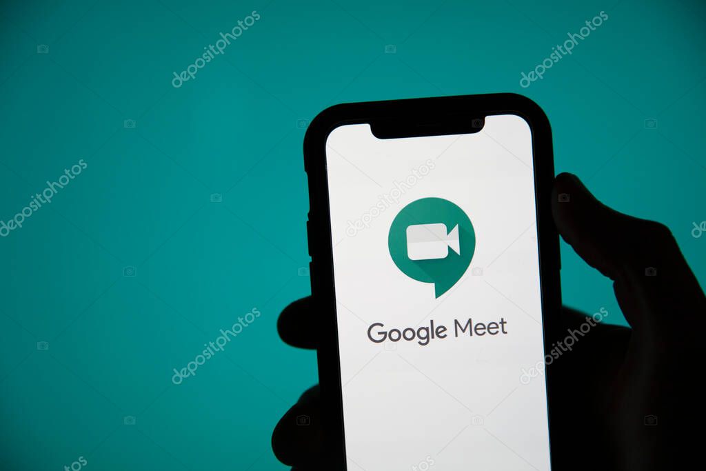 LONDON, UK - May 22 2020: Google Meet video meeting logo on a smartphone screen