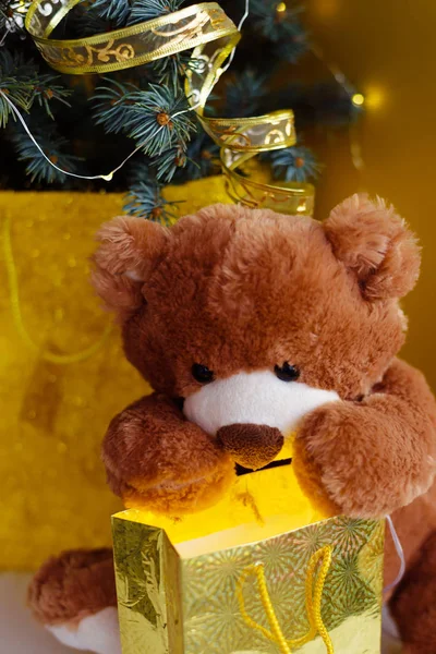 Christmas card with Teddy Bear opening gift and holiday decoration.