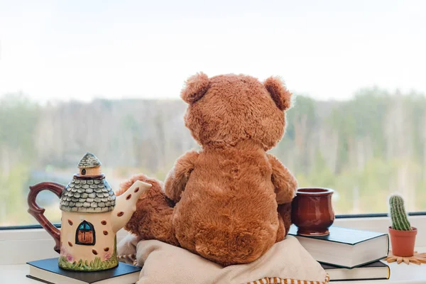 Cute teddy bear is sitting on the windowsill, looking out of the window. Stay at home, safe with Books with a cup of tea in a homely atmosphere with the dream of walking in nature.