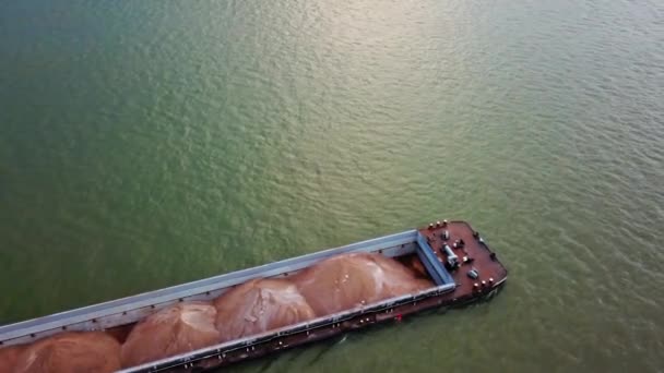 Aerial View Cargo Ship Full Material Transporting Goods Danube — Stock Video