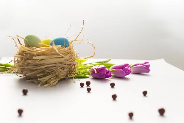Bunte Ostereier im Nest, Frühlingsblumen, Tulpen und Bonbons auf hellem Hintergrund. Osterfestdekoration, Osterkonzept Hintergrund. — Stockfoto