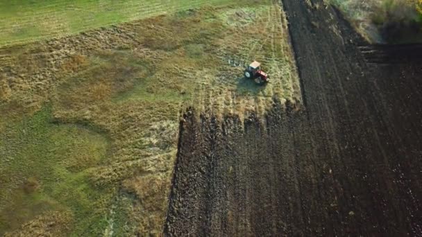 Vista Aérea Panorâmica Campo Agrícola Cultivado Com Trator Realizando Lavoura — Vídeo de Stock