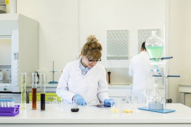 Kadın kimya bilimcisi laboratuardaki boş tablet ekranın üzerinde parmağını tutuyor. Marihuana tomurcuğu, CBD ve CBDA yağları masada. Esrar tohumlarından alınan sağlık hizmetleri eczanesi.