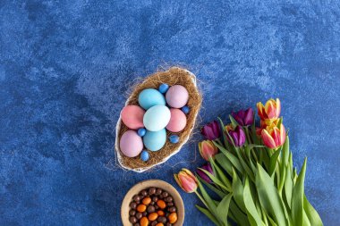Yuvada renkli Paskalya yumurtaları ve koyu mavi arka planda laleler. Paskalya bayramı süslemeleri, Paskalya konsepti.