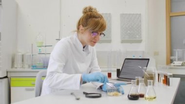 Laboratuvarda terpene CBD kristalleri ile çalışan kimyager, dizüstü bilgisayarla sonuç yazıyor