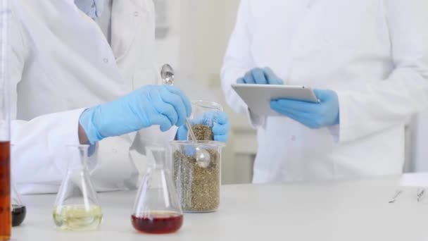 Gros Plan Deux Scientifiques Travaillant Avec Marijuana Une Cuillère Laboratoire — Video