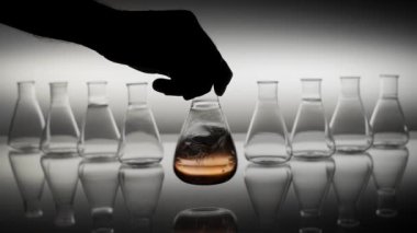 Çemberde kimyasal sıvıyla karıştırılmış Erlenmeyer şişesi