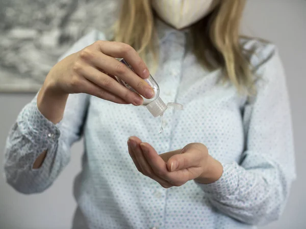 Closeup Woman Using Small Portable Antibacterial Hand Sanitiser Gel Hands — Stock Photo, Image