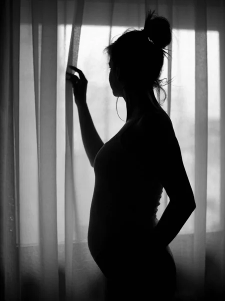 Silhouette Pregnant Woman Standing Window Bedroom — Stock Photo, Image