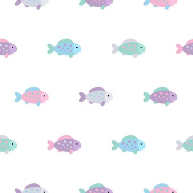 Beyaz arka planda küçük renkli şirin balıklar. Düz bir şekilde soyut vektörsüz desen. pastel renkler