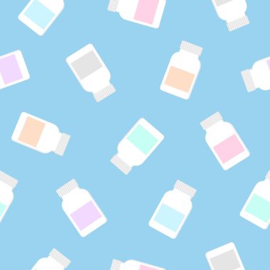 İlaç şişesi simgesi mavi arka planda izole edilmiş. Haplı konteynır.