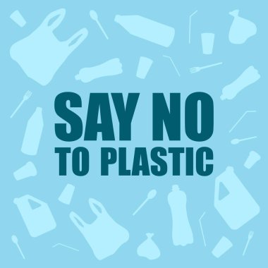 Plastiğe hayır de. Sorun plastik kirliliği. Ekolojik poster. Afiş beyaz plastik atık torbası, mavi arka plan üzerinde şişe oluşan.